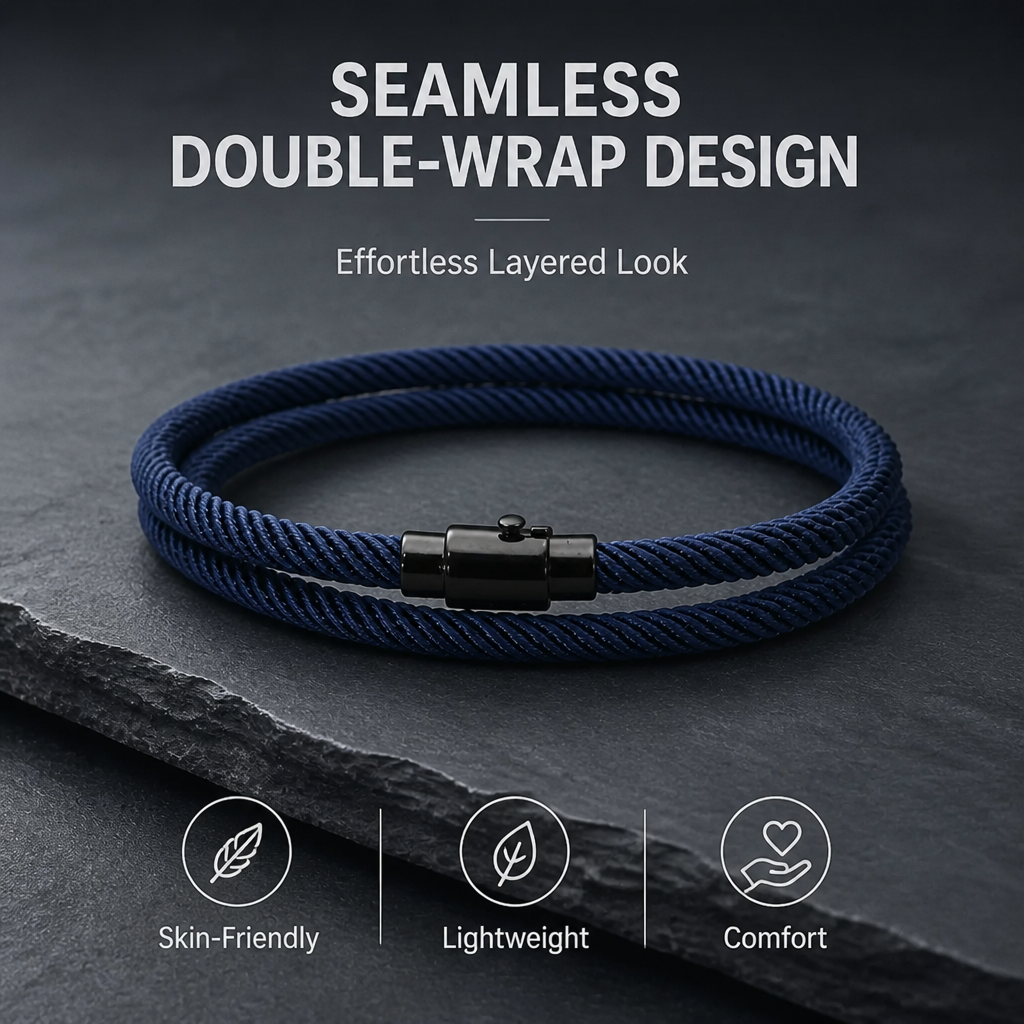 men's double wrap bracelet navy blue milan rope cord wristband matte black alloy magnetic clasp unisex minimalist surf beach nautical jewelry layering cuff