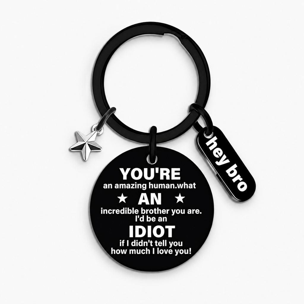 funny brother keychain gift from sister brother stainless steel black engraved round key ring charm pendant with star hey bro sign birthday graduation christmas motivational gag gift for men teens 1.17" 13.5g