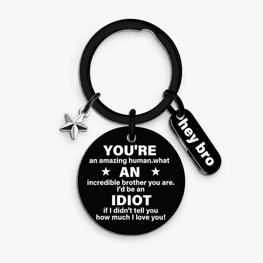 Funny Brother Keychain Gift from Sister Brother Stainless Steel Black Engraved Round Key Ring Charm Pendant with Star Hey Bro Sign Birthday Graduation Christmas Motivational Gag Gift for Men Teens 1.17" 13.5g