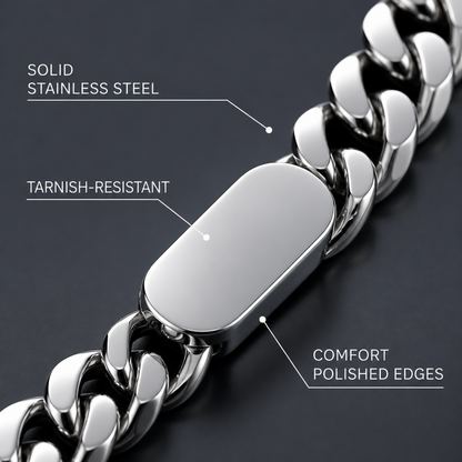 Unisex Stainless Steel Cuban Link ID Bracelet, Adjustable 7-9 Inch Chain Bracelet