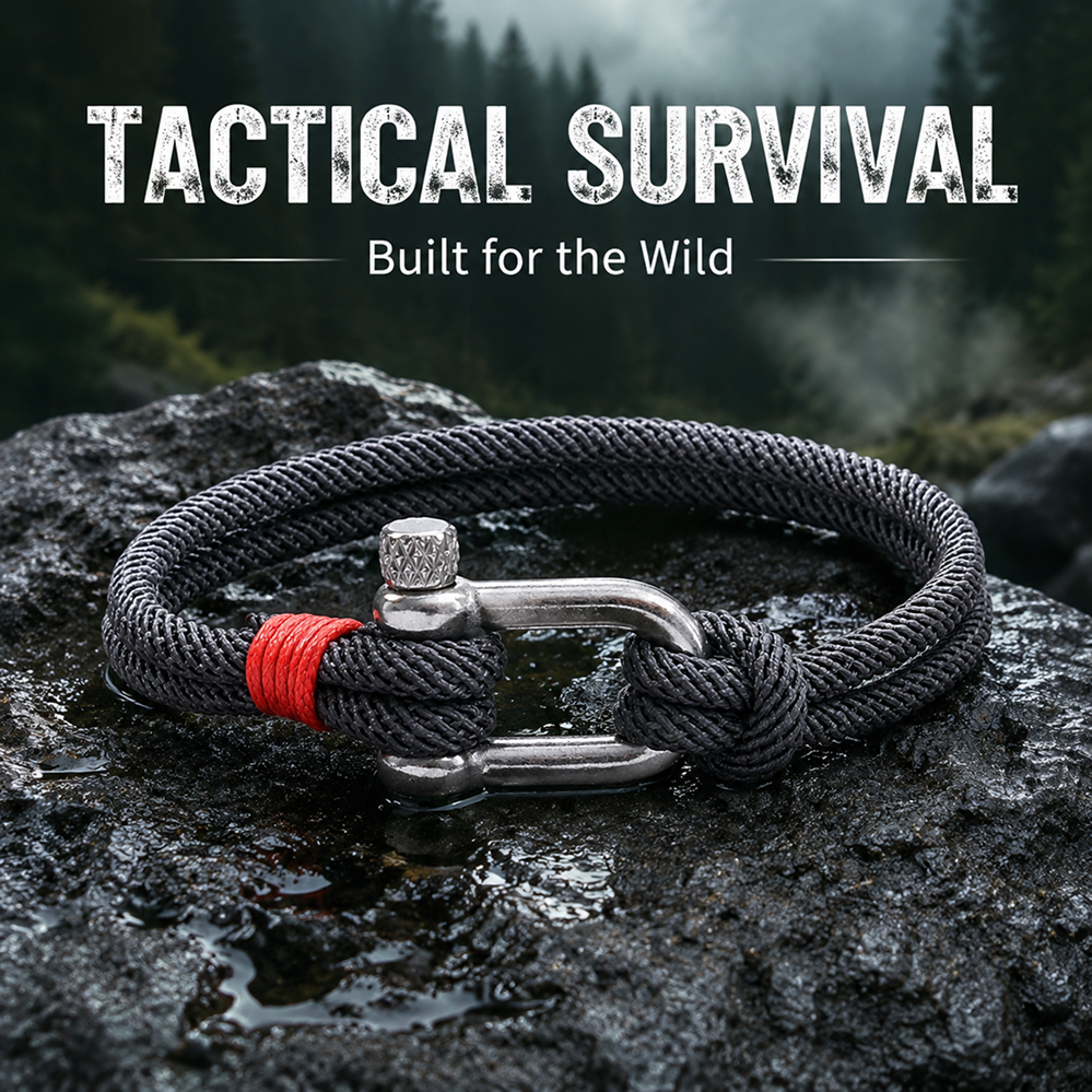 stainless steel shackle rope bracelet for men, u-shaped screw clasp, gray red unisex outdoor couple wristband