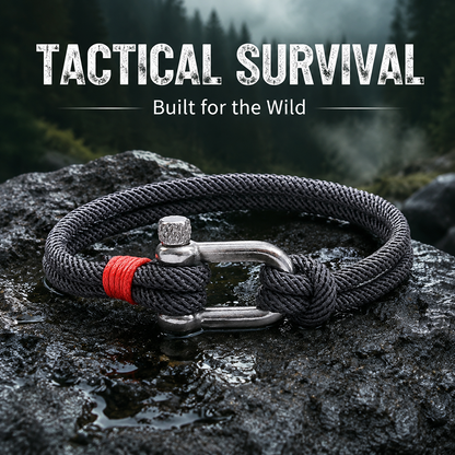 Stainless Steel Shackle Rope Bracelet for Men, U-Shaped Screw Clasp, Gray Red Unisex Outdoor Couple Wristband
