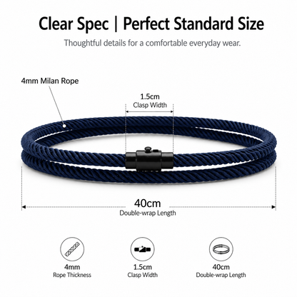 Men's Double Wrap Bracelet Navy Blue Milan Rope Cord Wristband Matte Black Alloy Magnetic Clasp Unisex Minimalist Surf Beach Nautical Jewelry Layering Cuff
