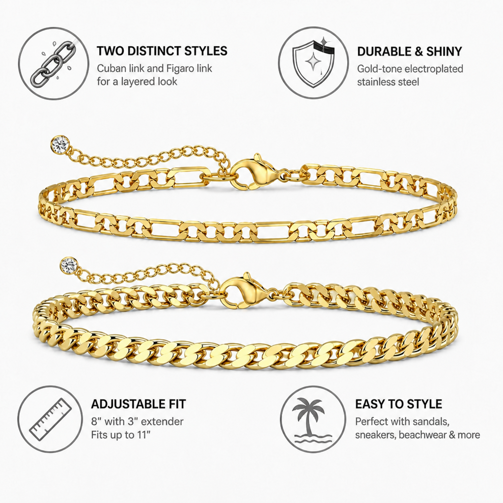2-piece gold-tone cuban and figaro anklet set for women, electroplated stainless steel adjustable chain ankle bracelets