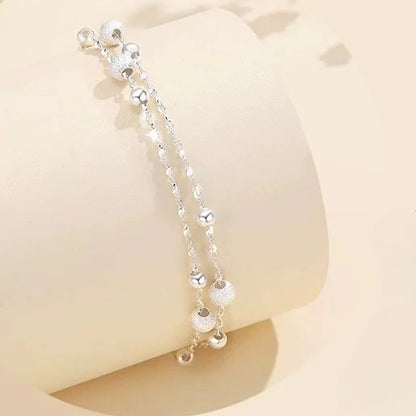 Dainty Double Layer Silver Tone Bracelet for Women Girls Gypsophila Sparkling Bead Bracelet Layered Cable Chain Minimalist Frosted Textured Shiny Round Bead Strand Stack Choker Clavicle Foot Wrist Jewelry Valentine Birthday Gift