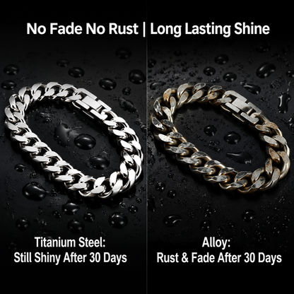 Waterproof Tarnish Free Titanium Steel Cuban Chain Bracelet Heavy Duty Sleek Fold Over Watch Band Clasp Durable Comfort Fit Industrial Jewelry Gift for Him Her