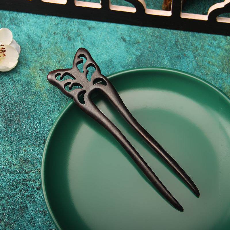 Black Sandalwood Double Prong U Shaped Hairpin for Short Haired Girls Vintage Gift - STAR8S