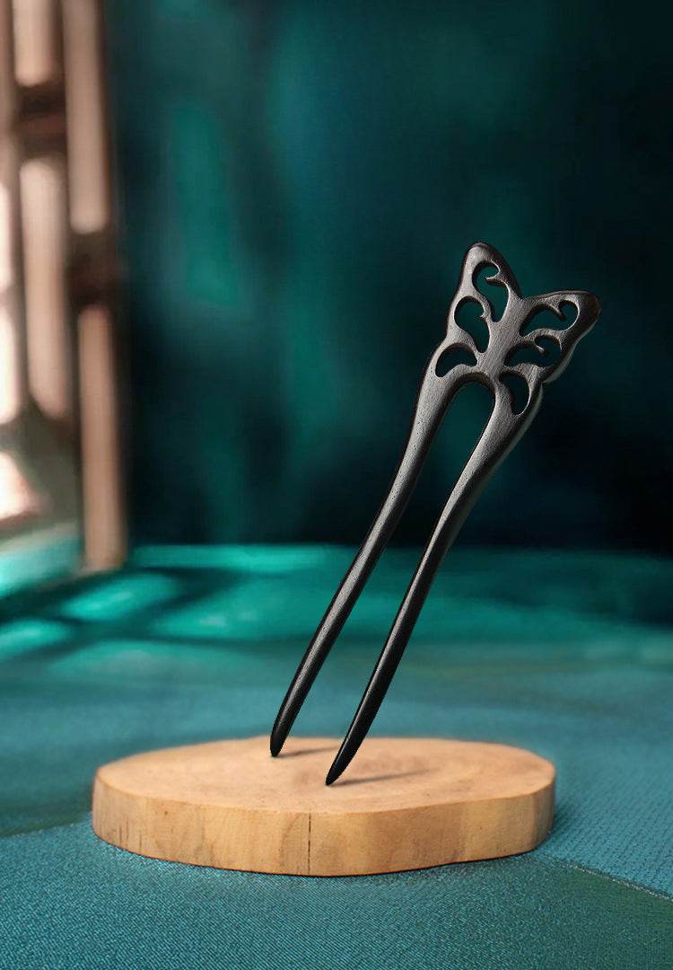 black sandalwood double prong u shaped hairpin for short haired girls vintage gift - star8s