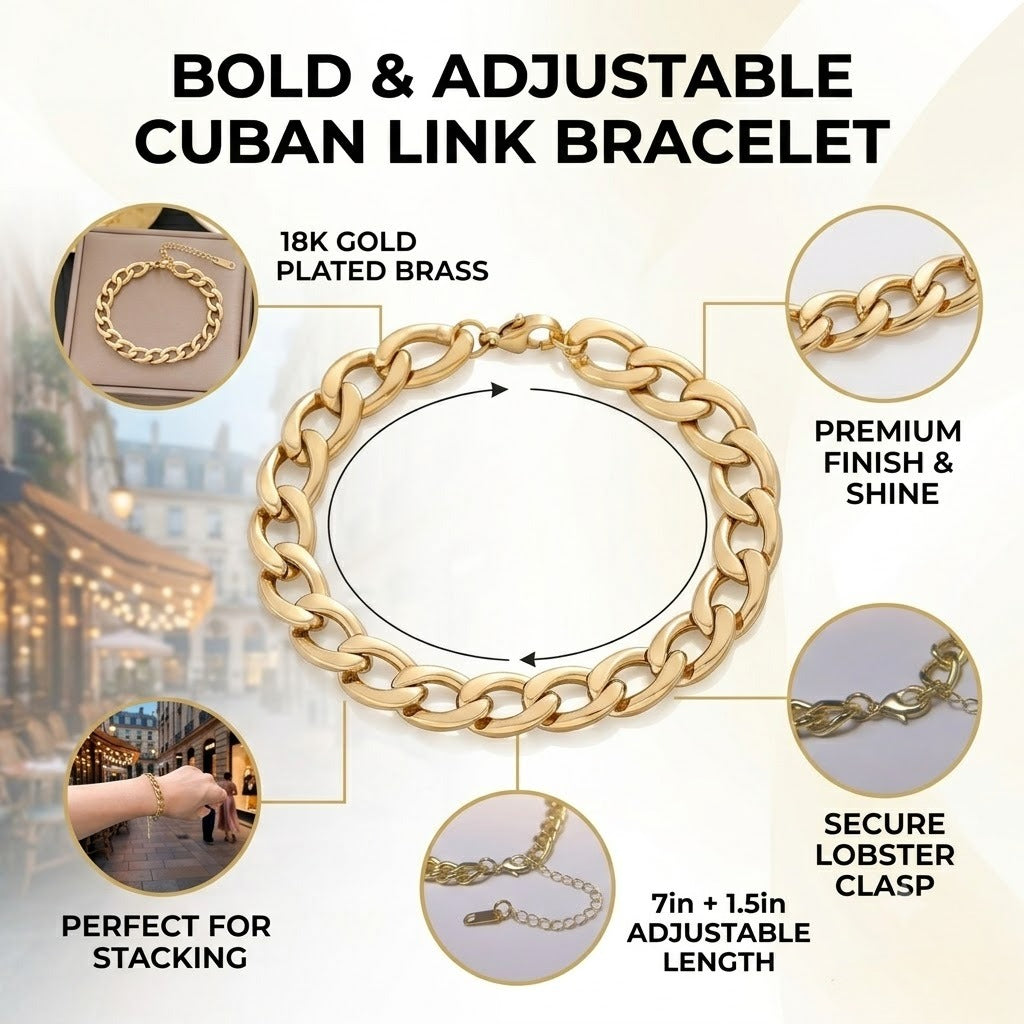 gold plated cuban link chain bracelet for men women premium brass thick heavy duty curb link chain adjustable unisex bracelet statement wrist jewelry gift
