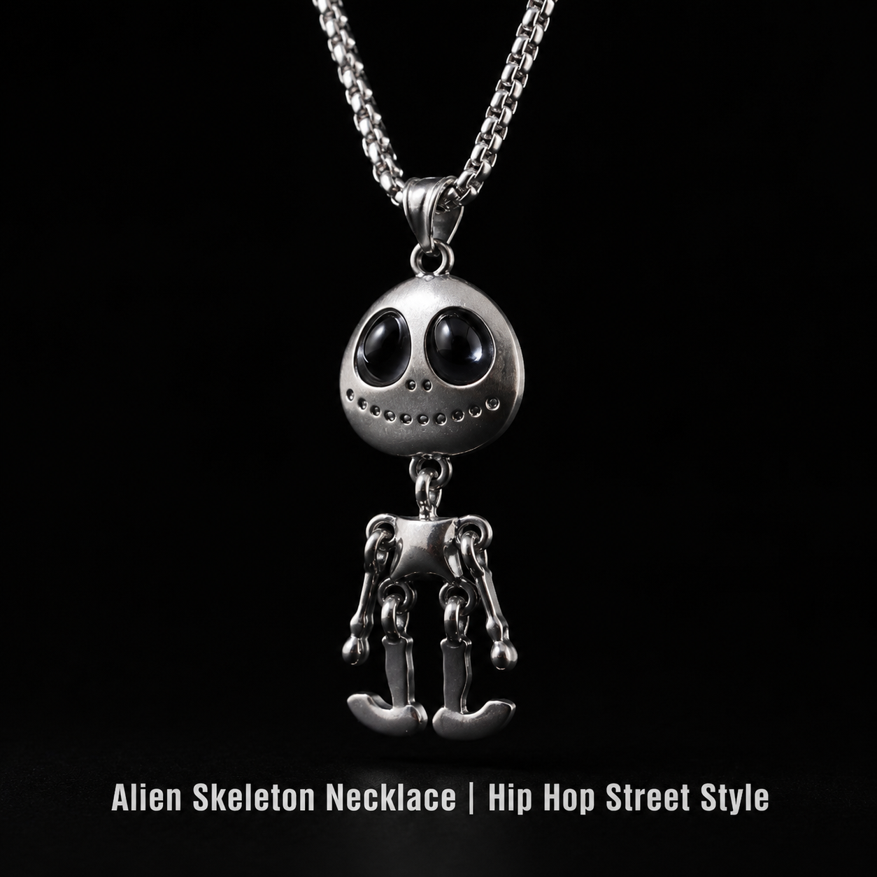 men's alien skeleton pendant necklace stainless steel articulated movable joint skull charm box chain hip hop streetwear y2k gothic punk jewelry gift for him