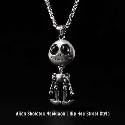Men's Alien Skeleton Pendant Necklace Stainless Steel Articulated Movable Joint Skull Charm Box Chain Hip Hop Streetwear Y2K Gothic Punk Jewelry Gift for Him