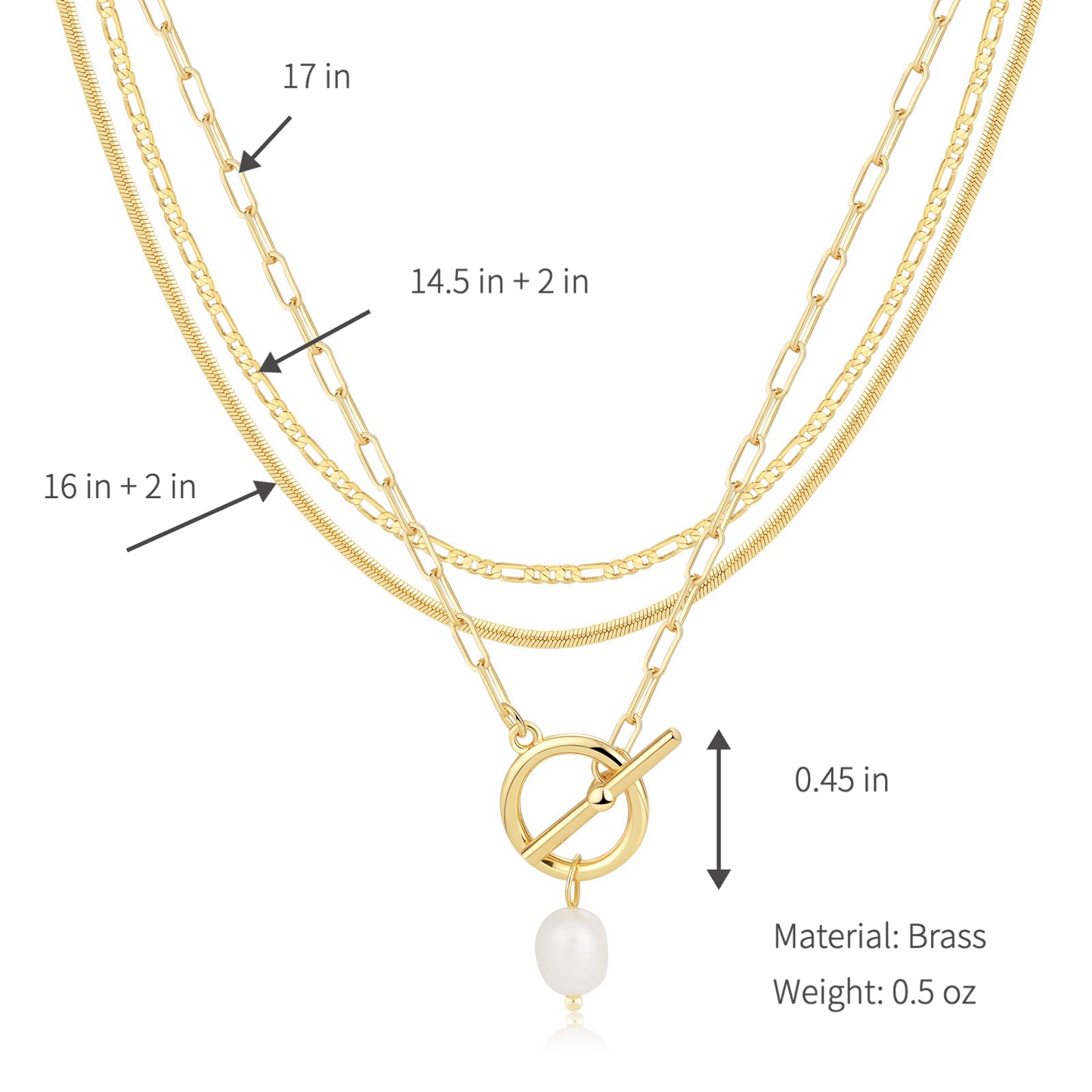 gold-tone layered necklace for women, multi strand figaro snake chain paperclip choker with ot toggle pearl pendant, trendy aesthetic dainty chunky stacking jewelry gift