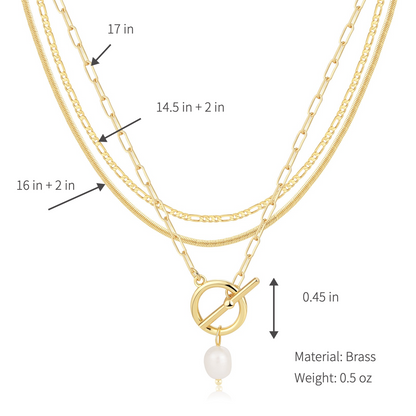 Gold-Tone Layered Necklace for Women, Multi Strand Figaro Snake Chain Paperclip Choker with OT Toggle Pearl Pendant, Trendy Aesthetic Dainty Chunky Stacking Jewelry Gift