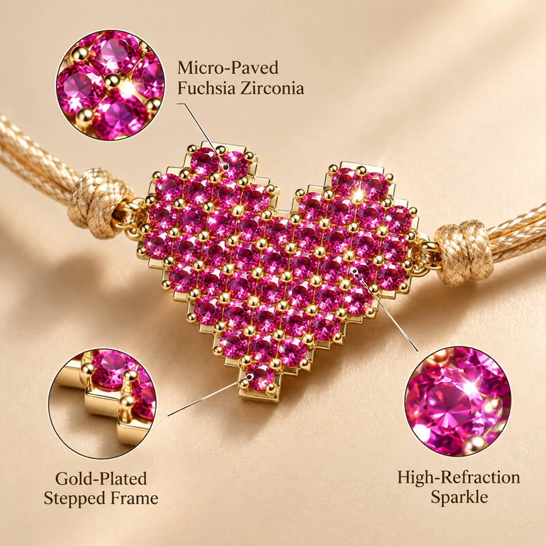 women's adjustable cord bracelet with sparkling pink heart and sliding knot