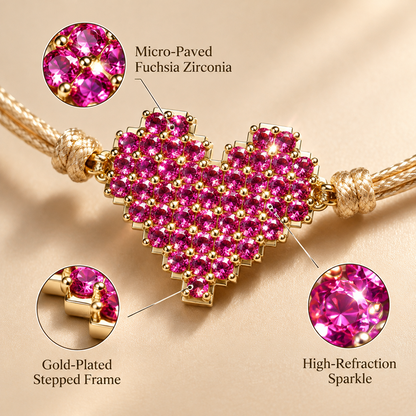 Women's Adjustable Cord Bracelet with Sparkling Pink Heart and Sliding Knot