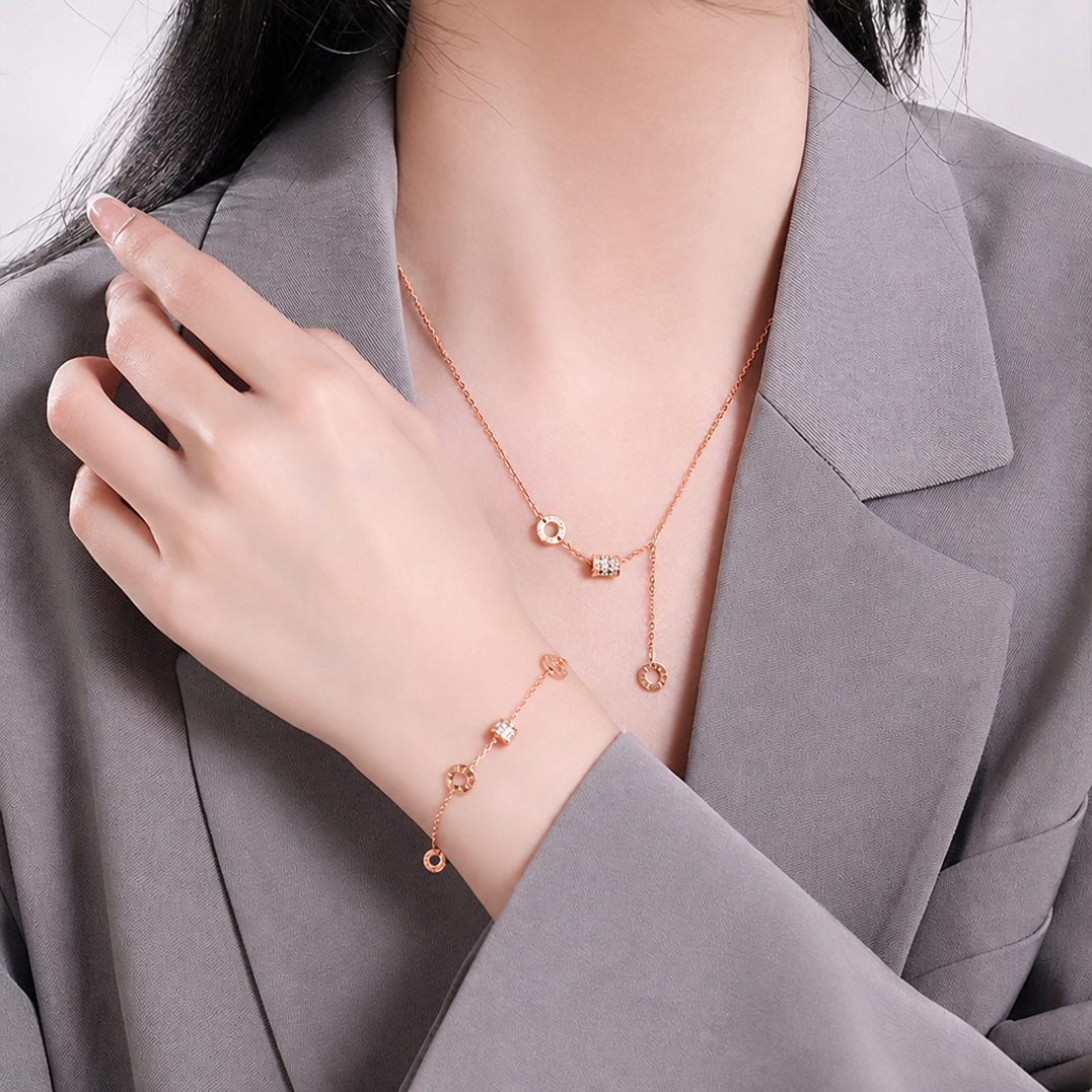 rose gold tone roman numeral bracelet for women, minimalist interlocking circles small waist charm bracelet, crystal pave cubic zirconia dainty chain link jewelry, birthday anniversary gift for girlfriend mother her