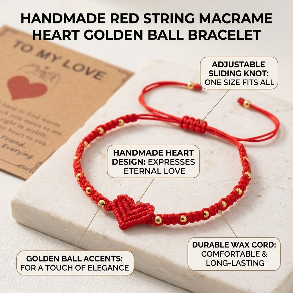 handmade red string bracelet for women girlfriend couples matching woven macrame heart charm bracelet gold beaded adjustable rope anniversary valentine's day romantic love jewelry gift with card
