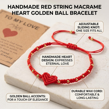 Handmade Red String Bracelet for Women Girlfriend Couples Matching Woven Macrame Heart Charm Bracelet Gold Beaded Adjustable Rope Anniversary Valentine's Day Romantic Love Jewelry Gift with Card