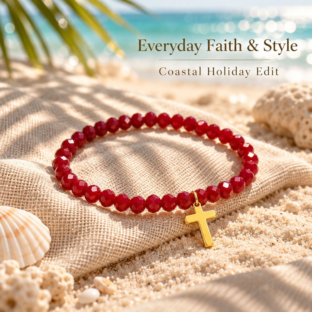 red faceted bead bracelet with gold-tone cross charm
