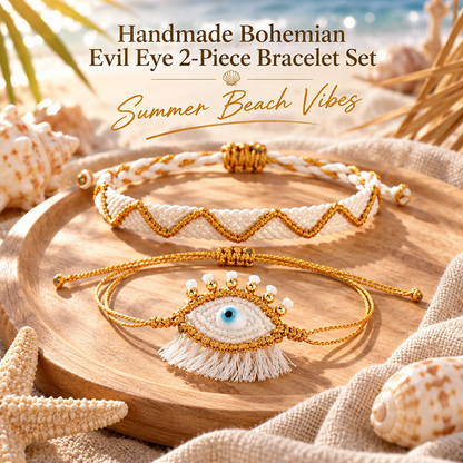 White and Gold-Tone Evil Eye Bracelet Set with Tassel Detail and Adjustable Sliding Knots, 2 Pieces