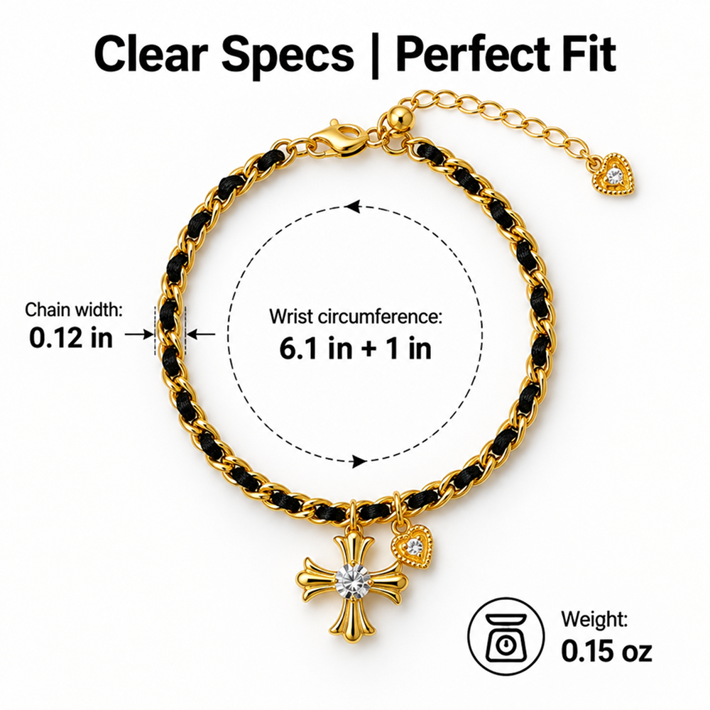 black cord and gold-tone cross charm bracelet with adjustable extender