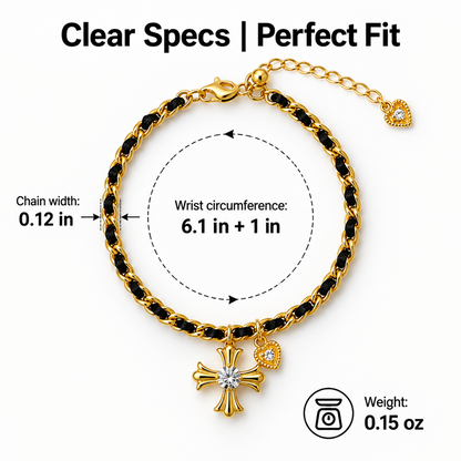 Black Cord and Gold-Tone Cross Charm Bracelet with Adjustable Extender