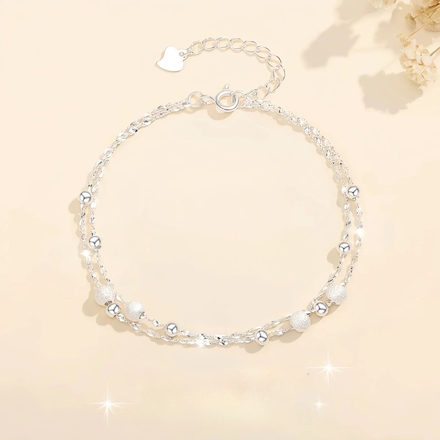 dainty double layer silver tone bracelet for women girls gypsophila sparkling bead bracelet layered cable chain minimalist frosted textured shiny round bead strand stack choker clavicle foot wrist jewelry valentine birthday gift