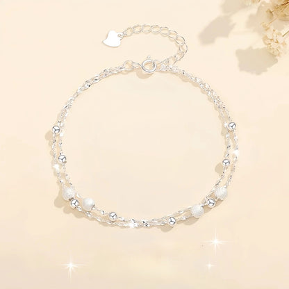 Dainty Double Layer Silver Tone Bracelet for Women Girls Gypsophila Sparkling Bead Bracelet Layered Cable Chain Minimalist Frosted Textured Shiny Round Bead Strand Stack Choker Clavicle Foot Wrist Jewelry Valentine Birthday Gift