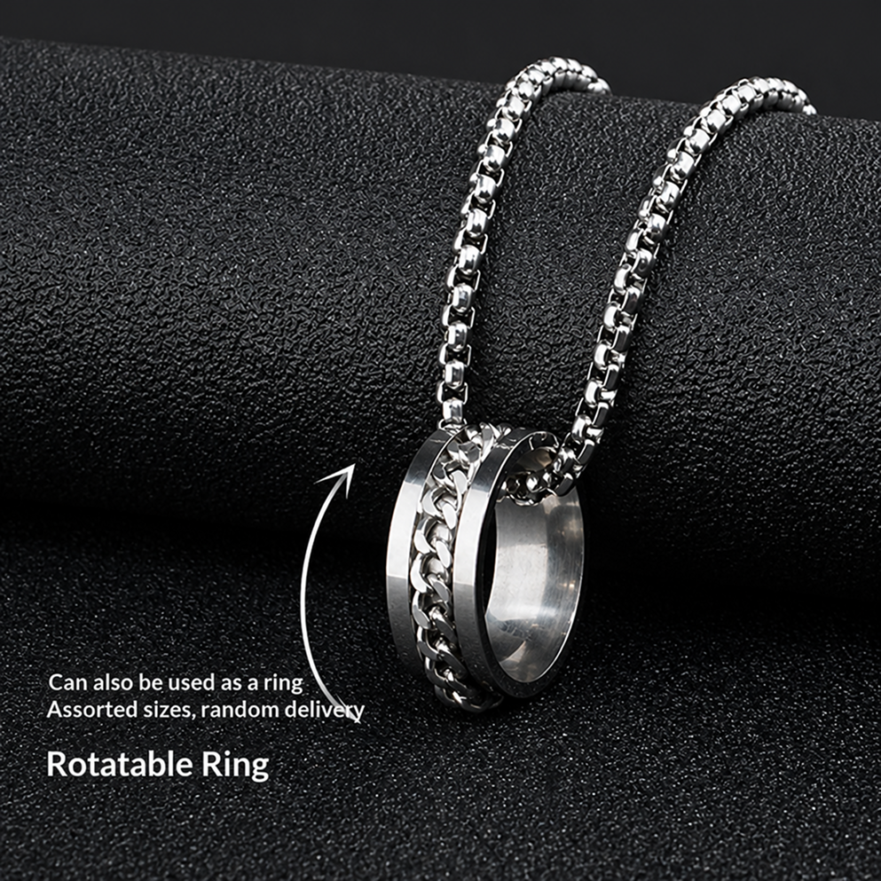waterproof tarnish-free spinner ring necklace, premium titanium steel rotatable chain pendant, durable minimalist hip hop streetwear fidget anxiety relief jewelry gift