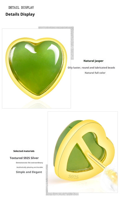Spinach Green Natural Hetian Jade Heart Earrings - S925 Silver Setting with Minimalist Design