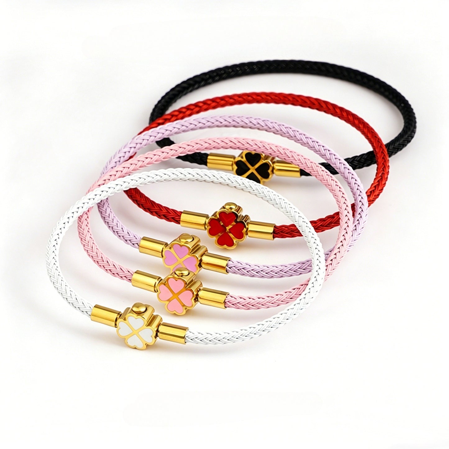 3mm four leaf clover wire rope bracelet stainless steel enamel lucky charm bangle waterproof braided cord jewelry gift for women