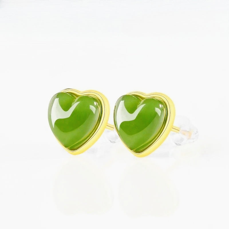 spinach green natural hetian jade heart earrings - s925 silver setting