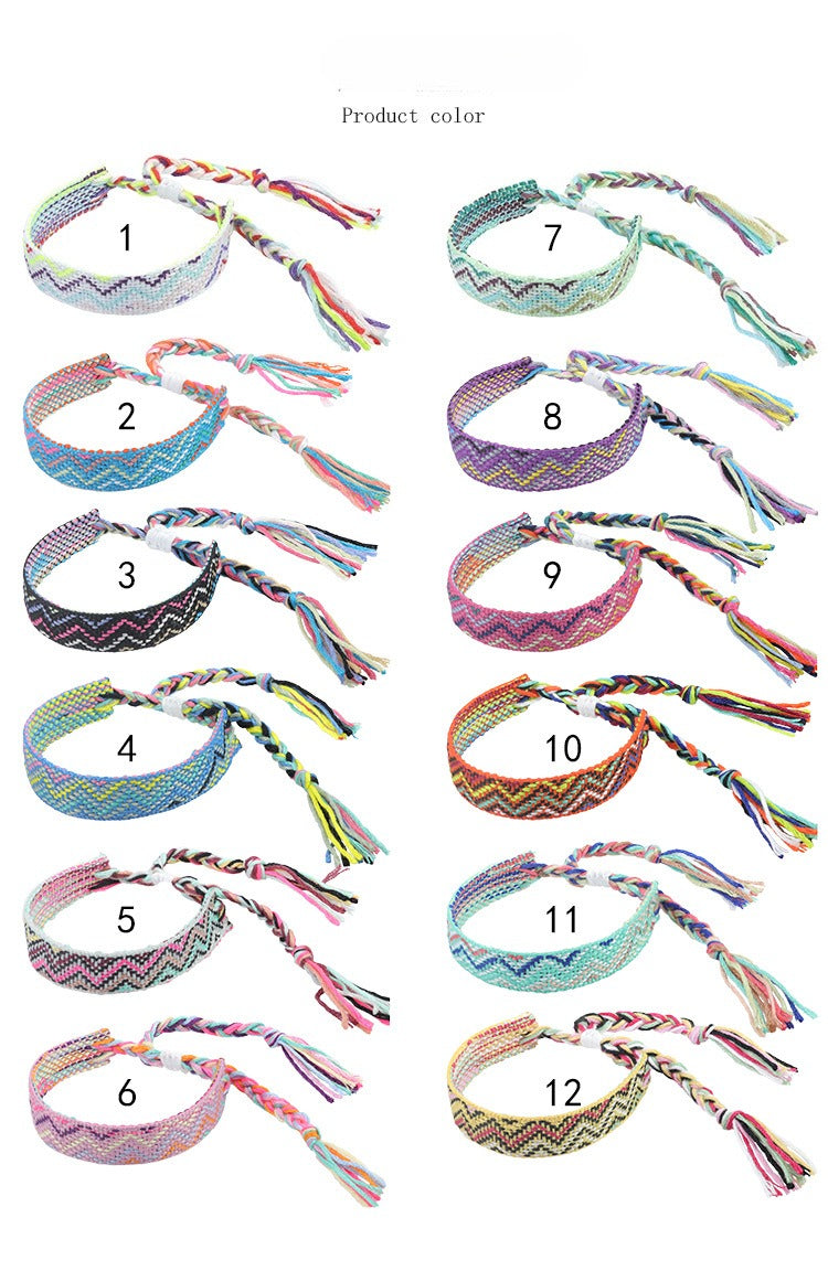 boho woven friendship bracelet – wide colorful tassel wristband, adjustable bohemian bracelet
