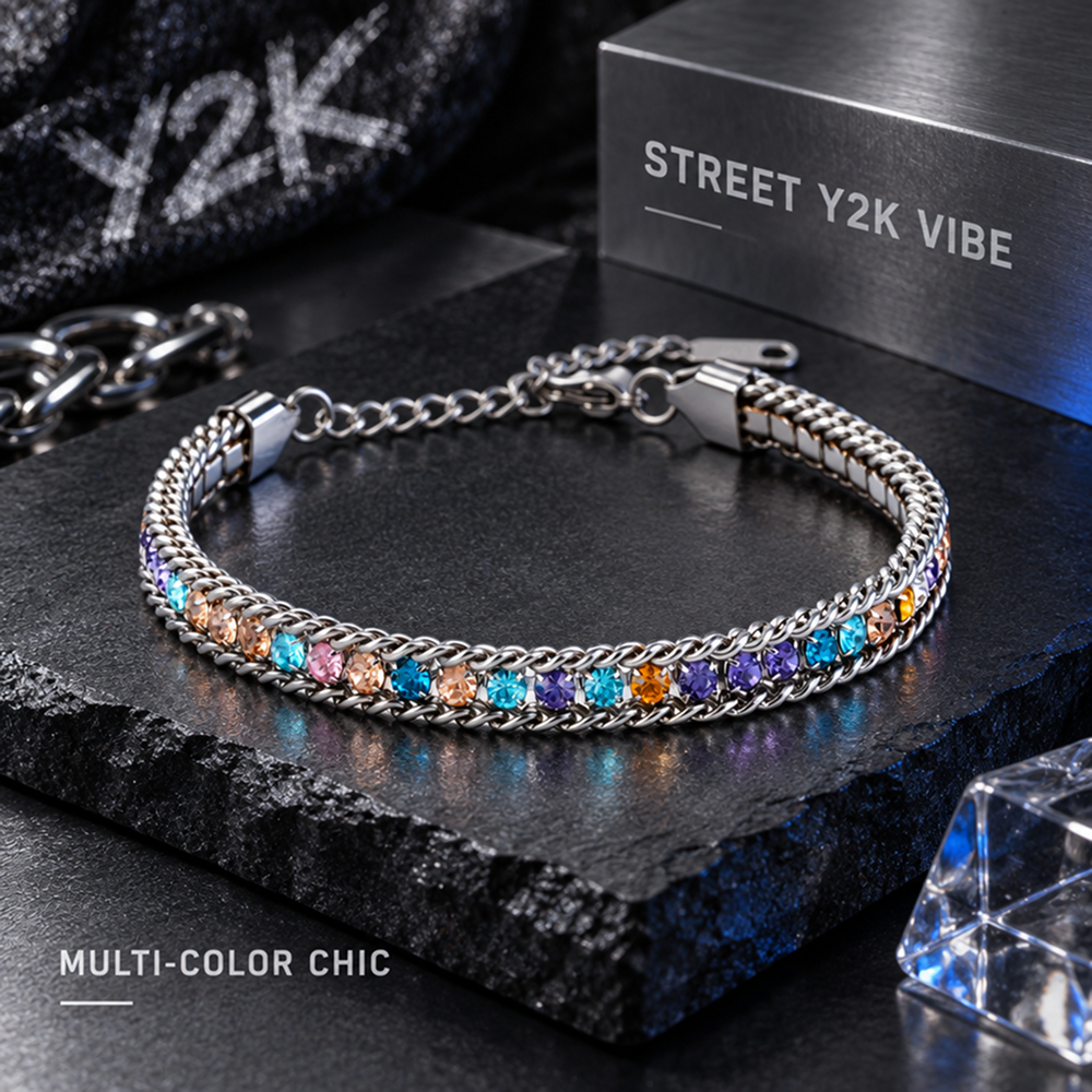 rainbow cuban-style chain bracelet for men and women, silver-tone double chain borders with multicolor faceted accents, lobster clasp and 2 inch extension, 6.5 inch bracelet, 0.2 inch width, colorful statement jewelry for everyday outfits and parties