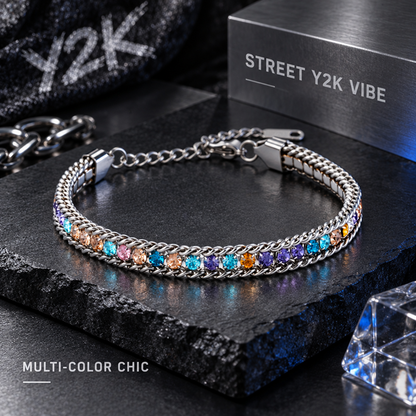 Rainbow Cuban-Style Chain Bracelet for Men and Women, Silver-Tone Double Chain Borders with Multicolor Faceted Accents, Lobster Clasp and 2 Inch Extension, 6.5 Inch Bracelet, 0.2 Inch Width, Colorful Statement Jewelry for Everyday Outfits and Parties