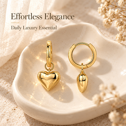 Women's Gold-Tone Brass Heart Drop Hoop Earrings with Puffed Heart Charms