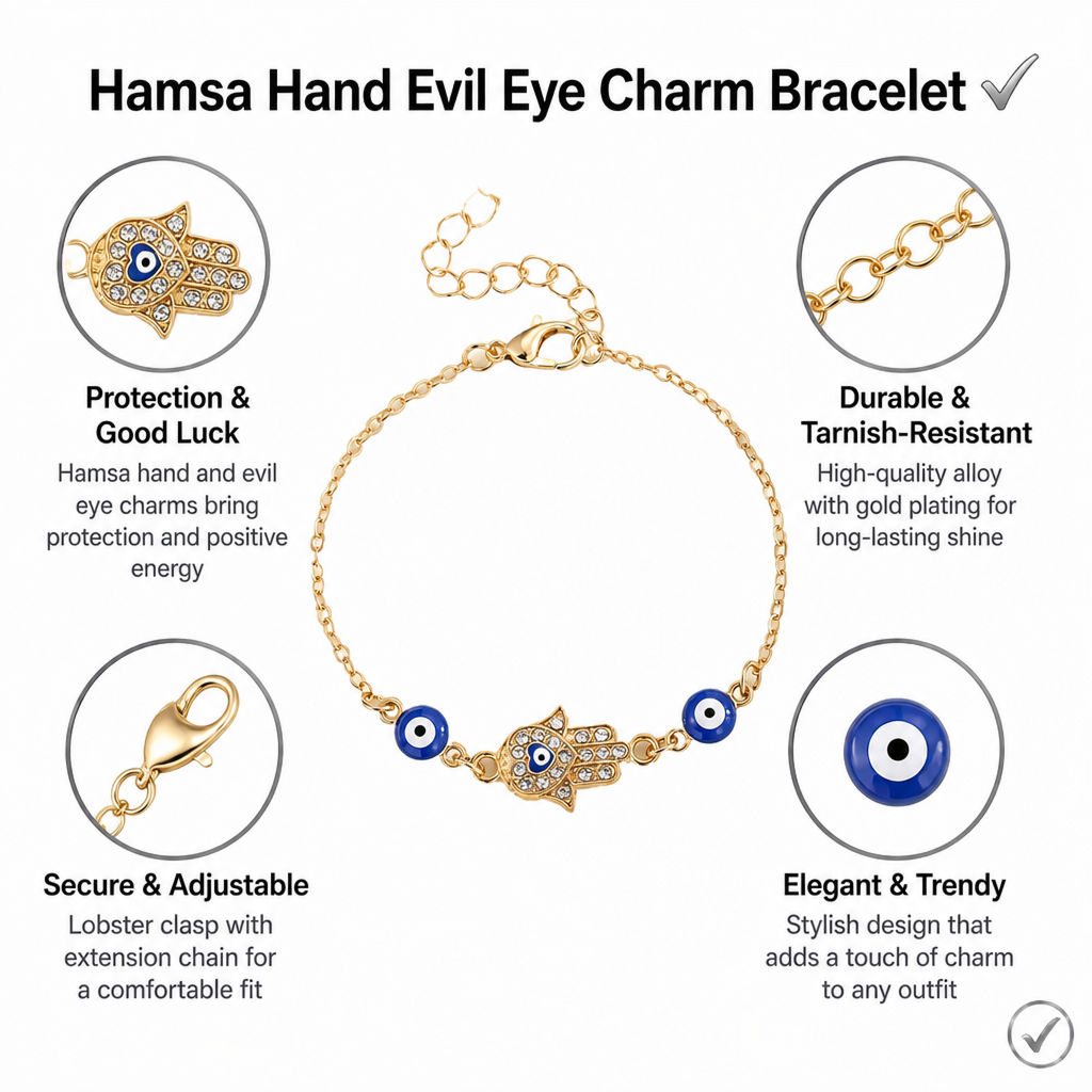 protective evil eye hamsa bracelet - gold-plated spiritual talisman wristband with sparkling diamonds & heart accents - meaningful mindfulness blessing gift for her
