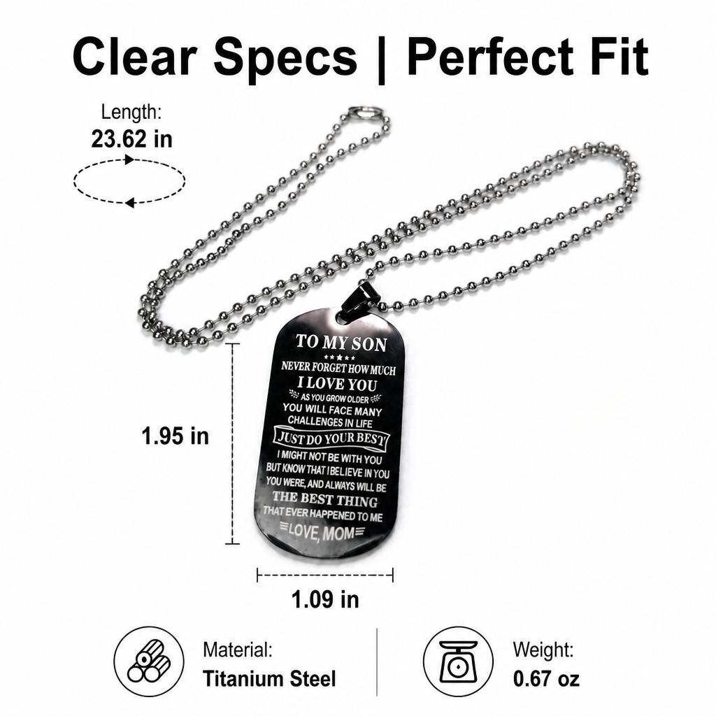 engraved dog tag necklace for son from mom stainless steel military id card pendant inspirational message charm long ball bead chain birthday graduation gift for boys men black silver 23.6" 20g