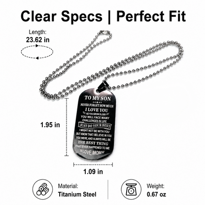 Engraved Dog Tag Necklace for Son from Mom Stainless Steel Military ID Card Pendant Inspirational Message Charm Long Ball Bead Chain Birthday Graduation Gift for Boys Men Black Silver 23.6" 20g