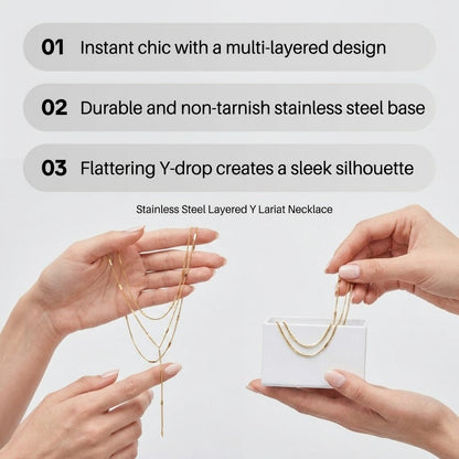 Stainless Steel Layered Y Necklace for Women Gold Tone Double Strand Lariat Necklace Dainty Lip Chain Textured Bar Tassel Pendant Sexy Cleavage Choker Body Jewelry Gift