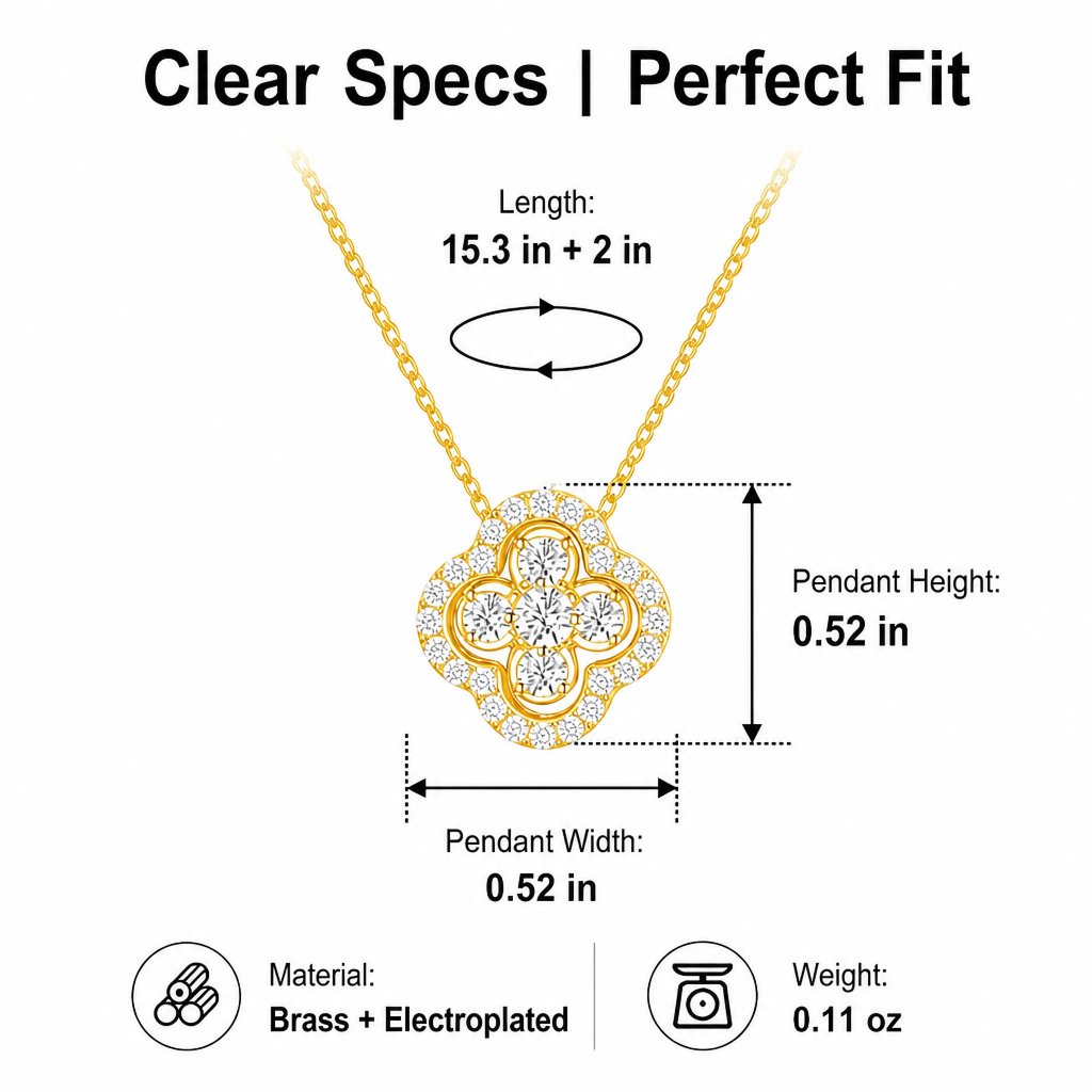 convertible four-leaf clover brass necklace for women – gold-plated lucky crystal pendant, dainty choker with adjustable link chain, valentine's day jewelry gift for her