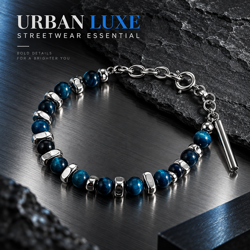 men's blue bead bracelet with silver-tone spacers and adjustable chain