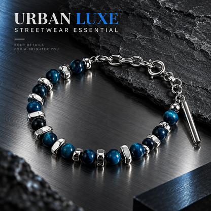 Men's Blue Bead Bracelet with Silver-Tone Spacers and Adjustable Chain
