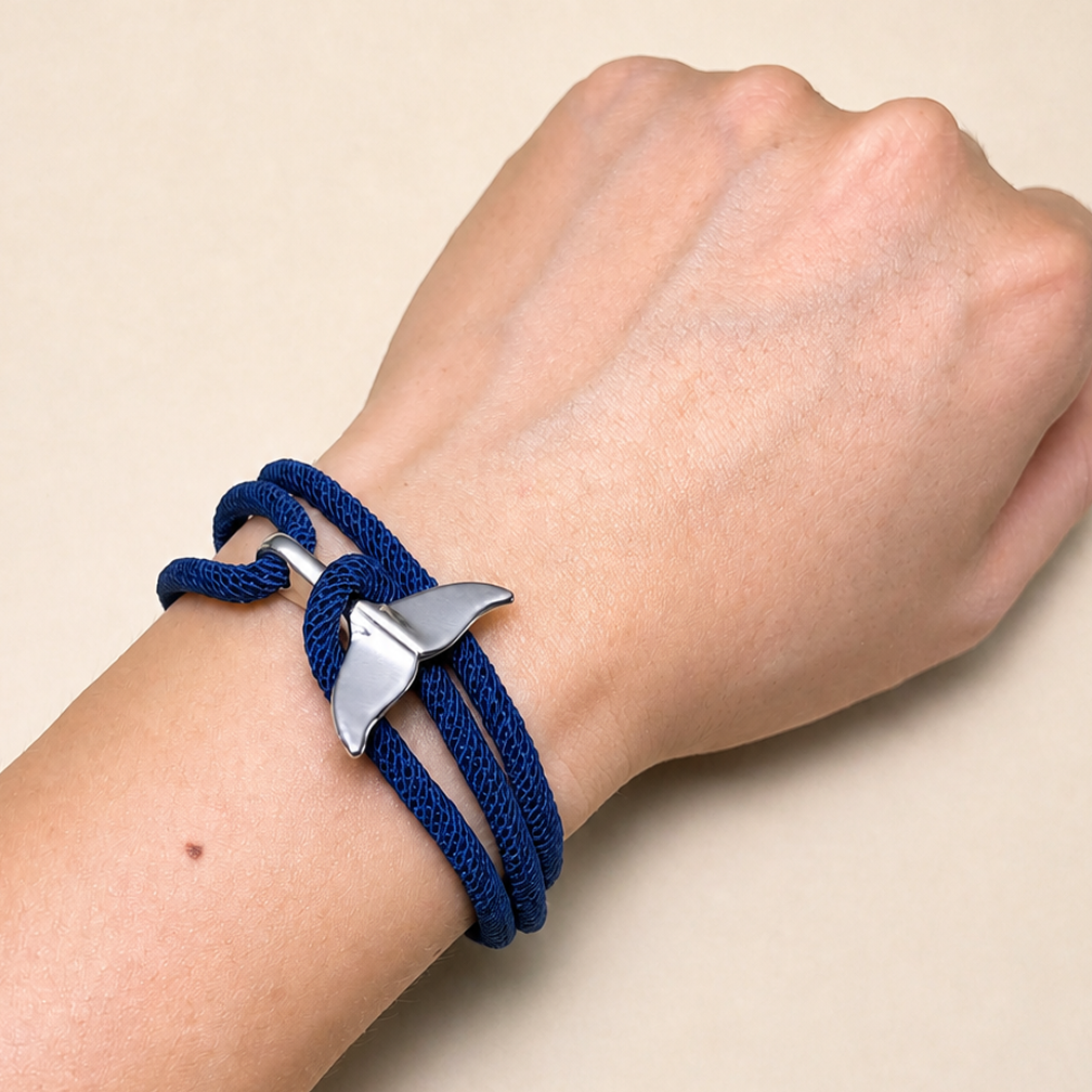 navy whale tail wrap bracelet, electroplated alloy and braided milan cord, adjustable ocean-inspired couple bracelet