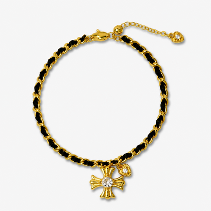 Gold Tone Cross Woven Chain Bracelet for Women Interwoven Black Thread Braided Cord Gothic Cross Charm Bracelet Adjustable Luxury Aesthetic Fashion Jewelry Gift