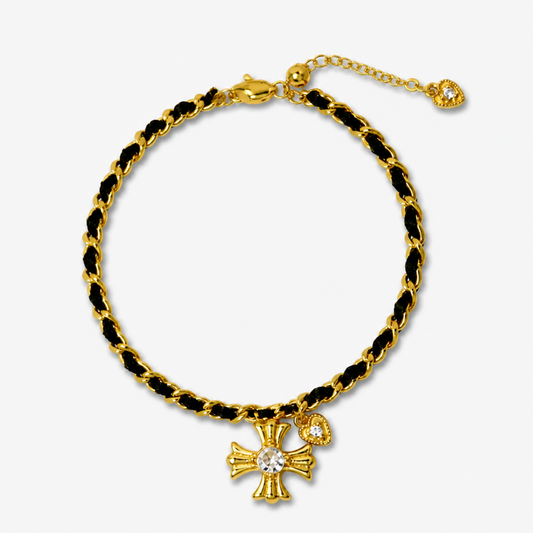 Gold Tone Cross Woven Chain Bracelet for Women Interwoven Black Thread Braided Cord Gothic Cross Charm Bracelet Adjustable Luxury Aesthetic Fashion Jewelry Gift