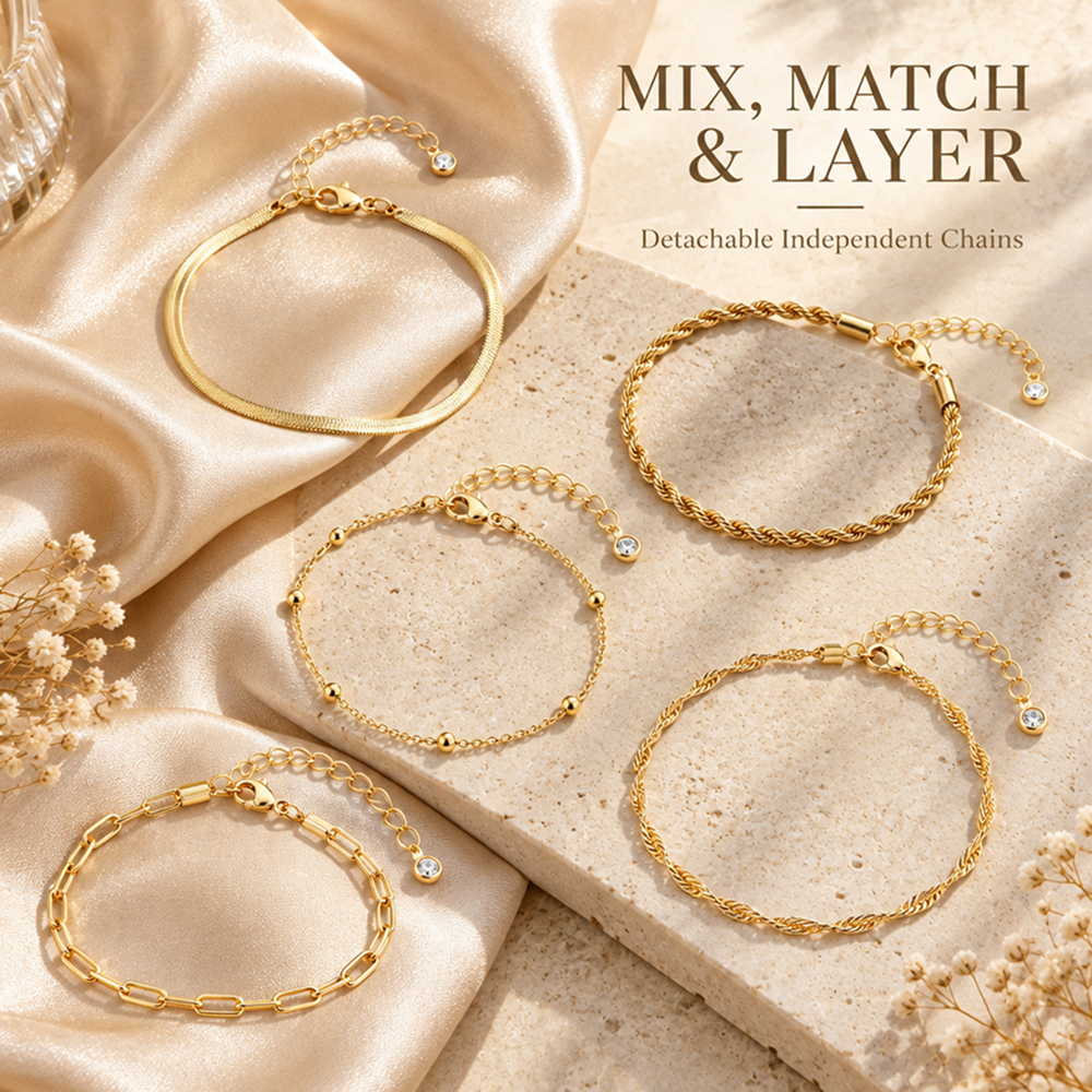 5-piece bracelet set for women, electroplated brass chain bracelets with herringbone, rope, twisted, paperclip and bead station designs, adjustable lobster clasps, 6.7 inch length with 1.5 inch extenders, layering jewelry for everyday wear and gift g