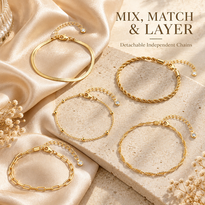 5-Piece Bracelet Set for Women, Electroplated Brass Chain Bracelets with Herringbone, Rope, Twisted, Paperclip and Bead Station Designs, Adjustable Lobster Clasps, 6.7 Inch Length with 1.5 Inch Extenders, Layering Jewelry for Everyday Wear and Gift G