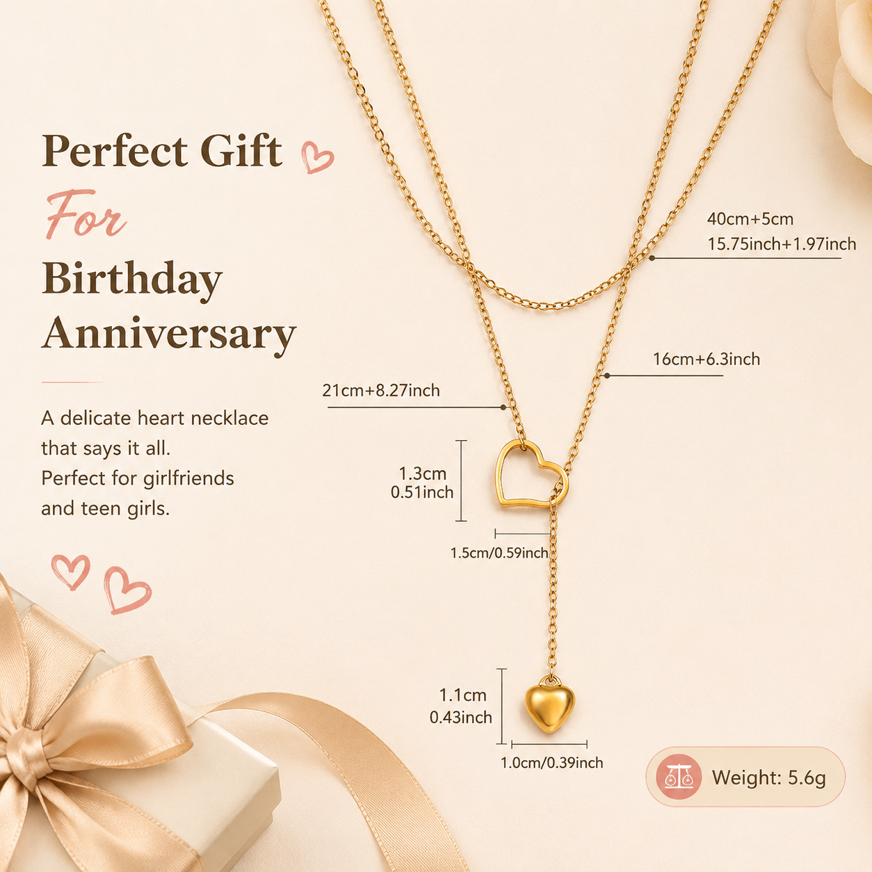 double layer heart necklace for women gold plated dainty layered lariat drop long pendant necklace minimalist y-chain choker trendy clavicle chain costume jewelry birthday anniversary gift for girlfriend teen girls