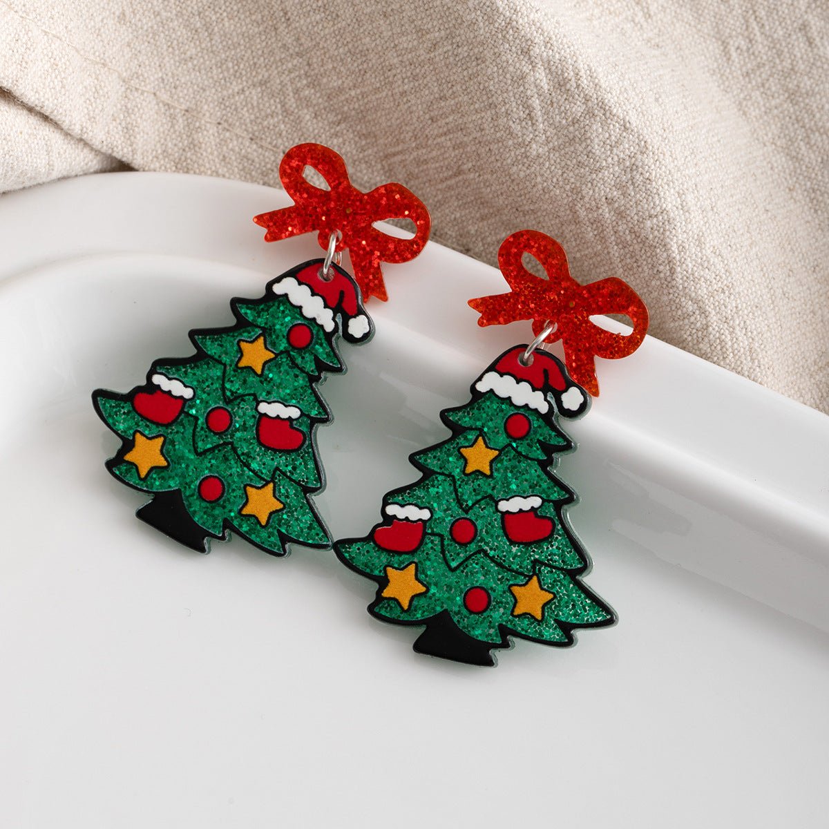 cartoon acrylic christmas tree earrings with glittery bows – cute holiday jewelry for women - star8s